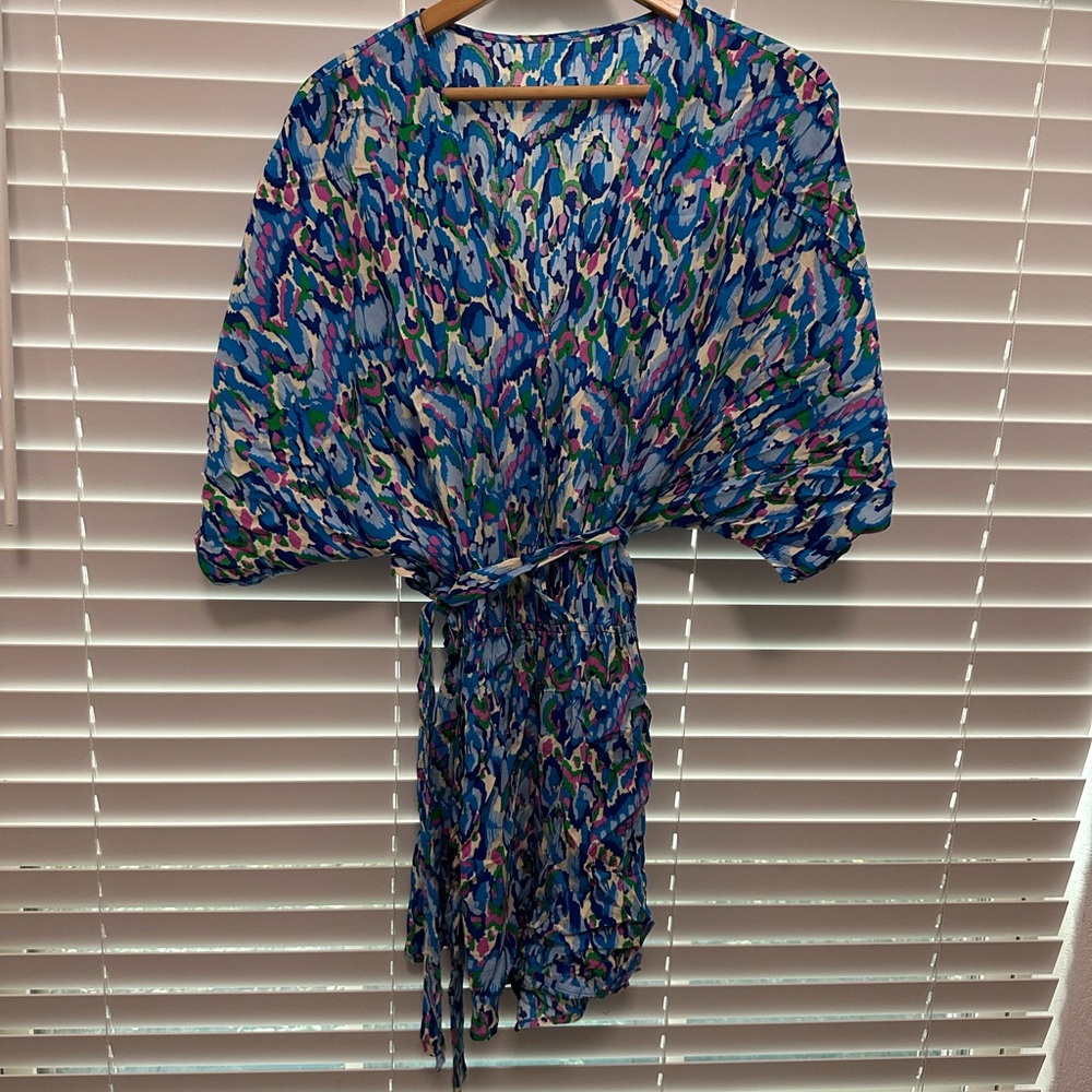Blue Multi-Print Tie-Waist Mini Dress